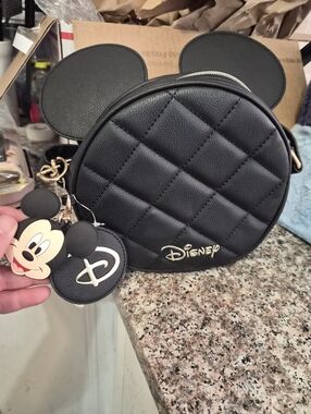 Disney Black Quilted Mickey Ear Crossbody Bag with Charm